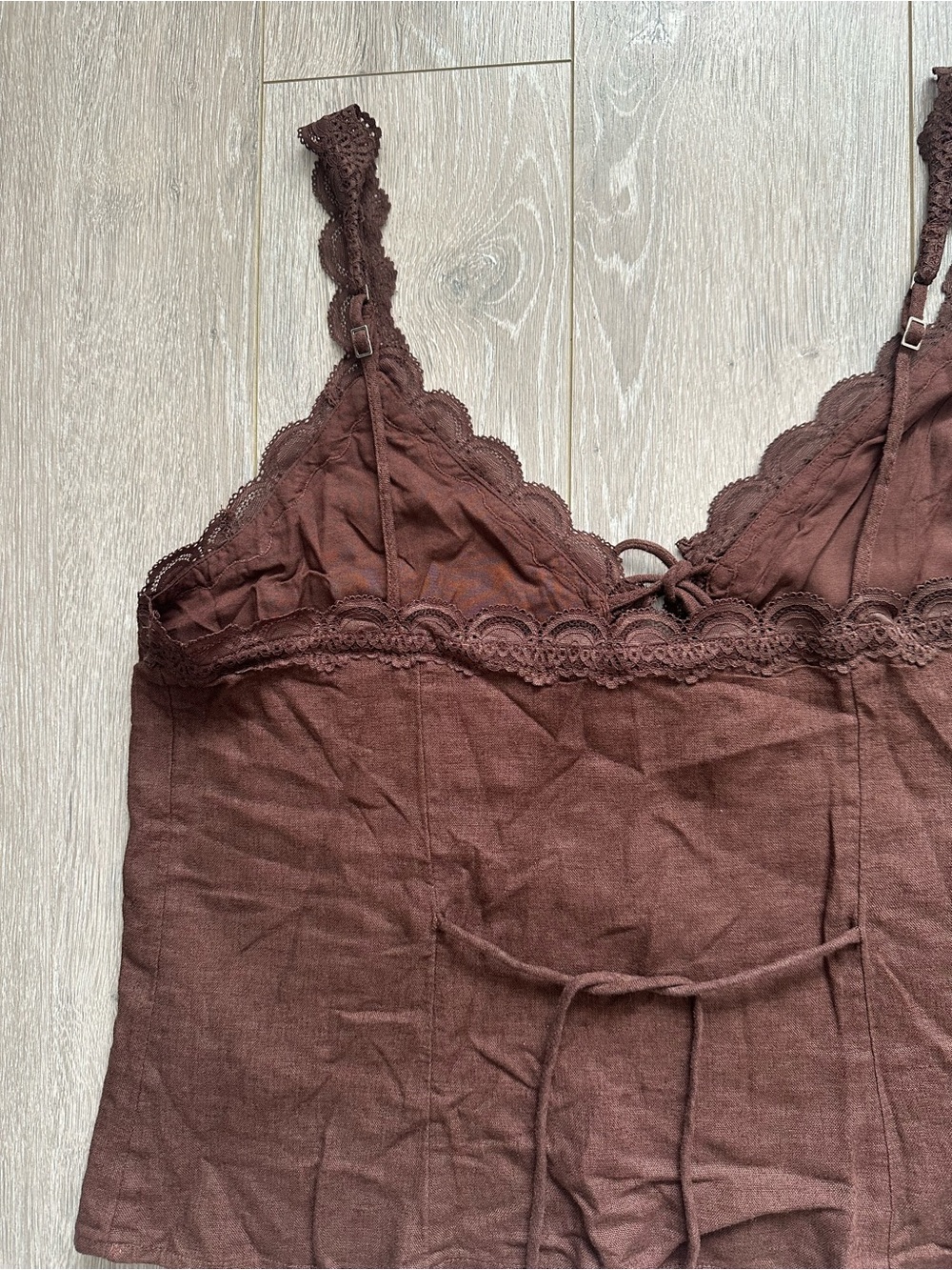 Abercrombie & Fitch Lace Trim Tie Front Top Tank Linen Blend Brown Sz XL NWT New - Picture 6 of 12